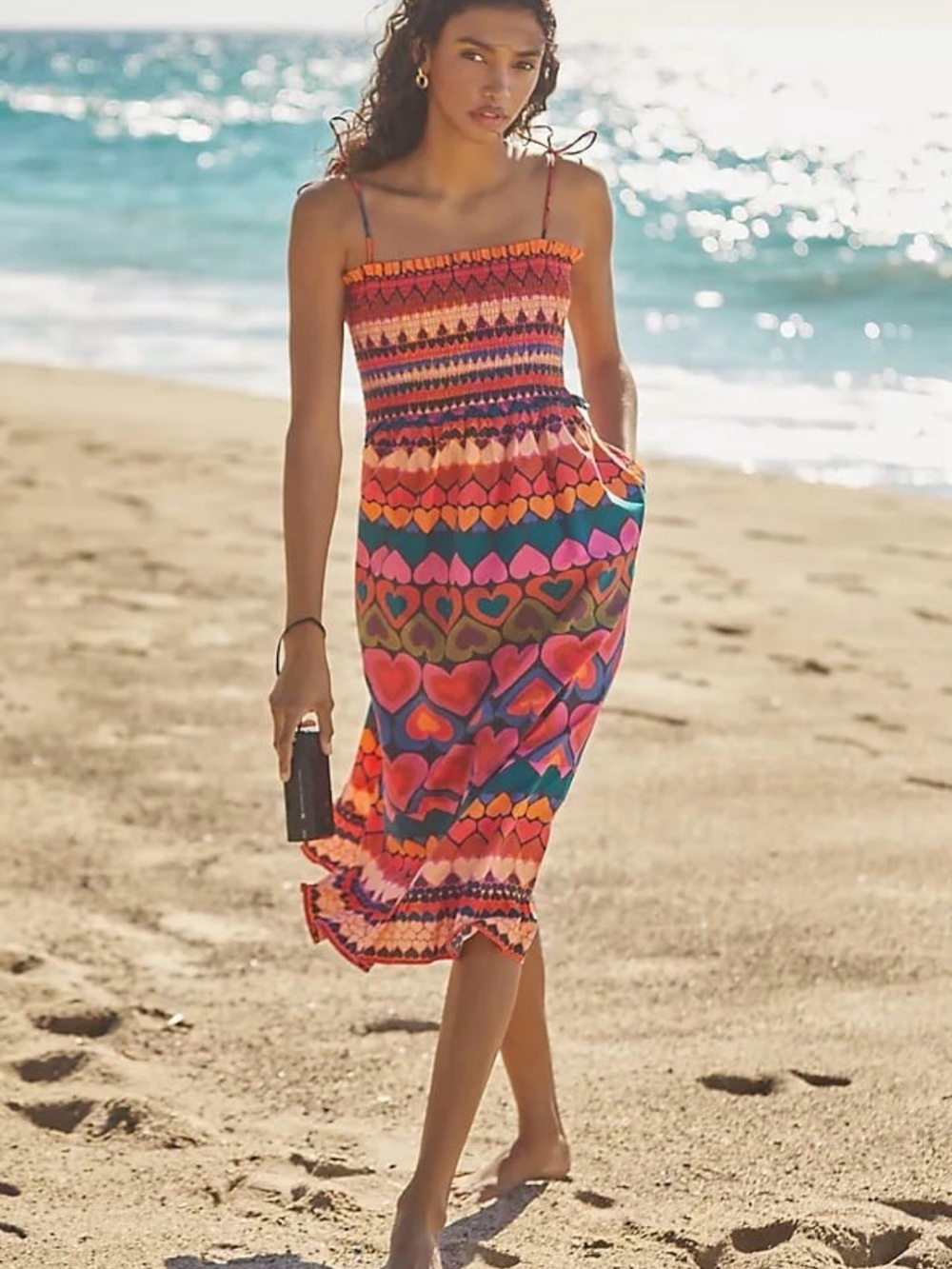 Farm Rio Anthropologie Beaded Heart Smocked Cover-Up Dress
